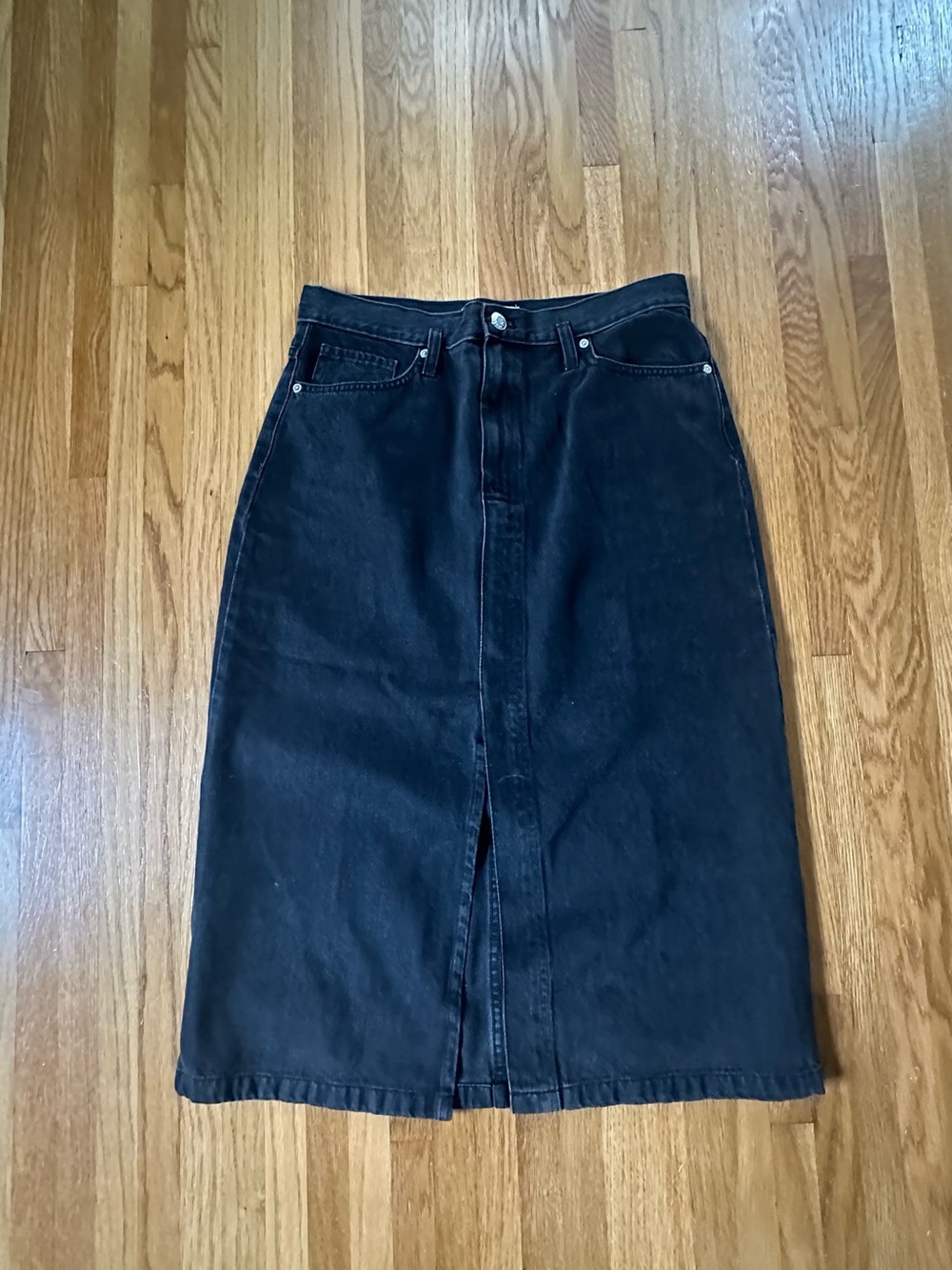 Mango Black Denim Midi Skirt with Front Slit
